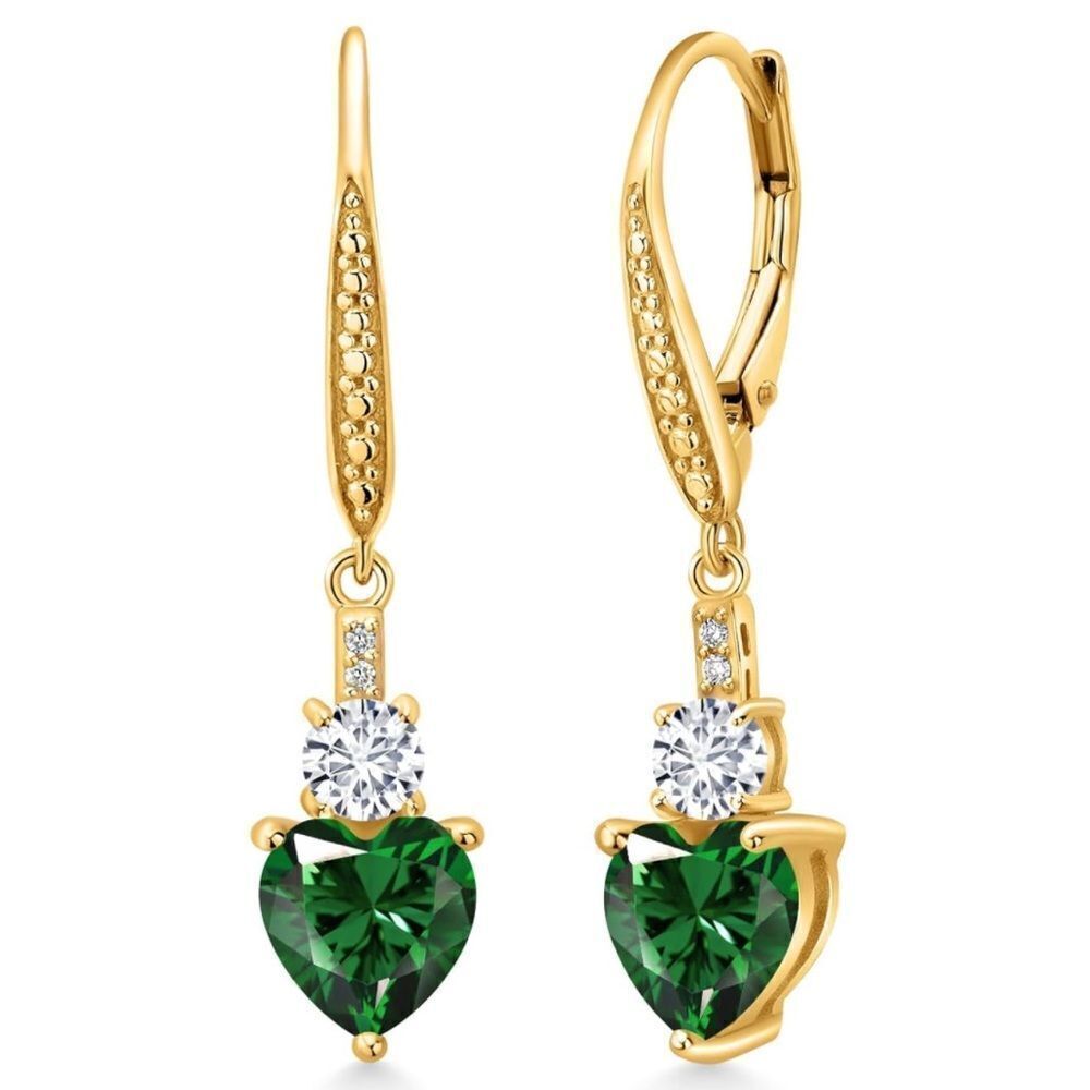 18K Yellow Gold with 2.57 Cttw Emerald and Diamond Heart Leverback Earrings
